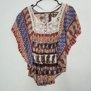❤️ 3/$12. Energe World Wear Y2K Paisley Boho Blouse Crochet XL